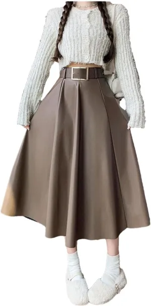 Women's High Waist Umbrella Solid Color Office Lady Pleated Casual Long Skirts