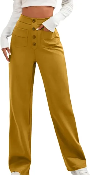 Womens High Waisted Button Pants Front Pocket Casual Loose Fit Outdoor Fashion Streetwear Straight Leg Causal Trouser