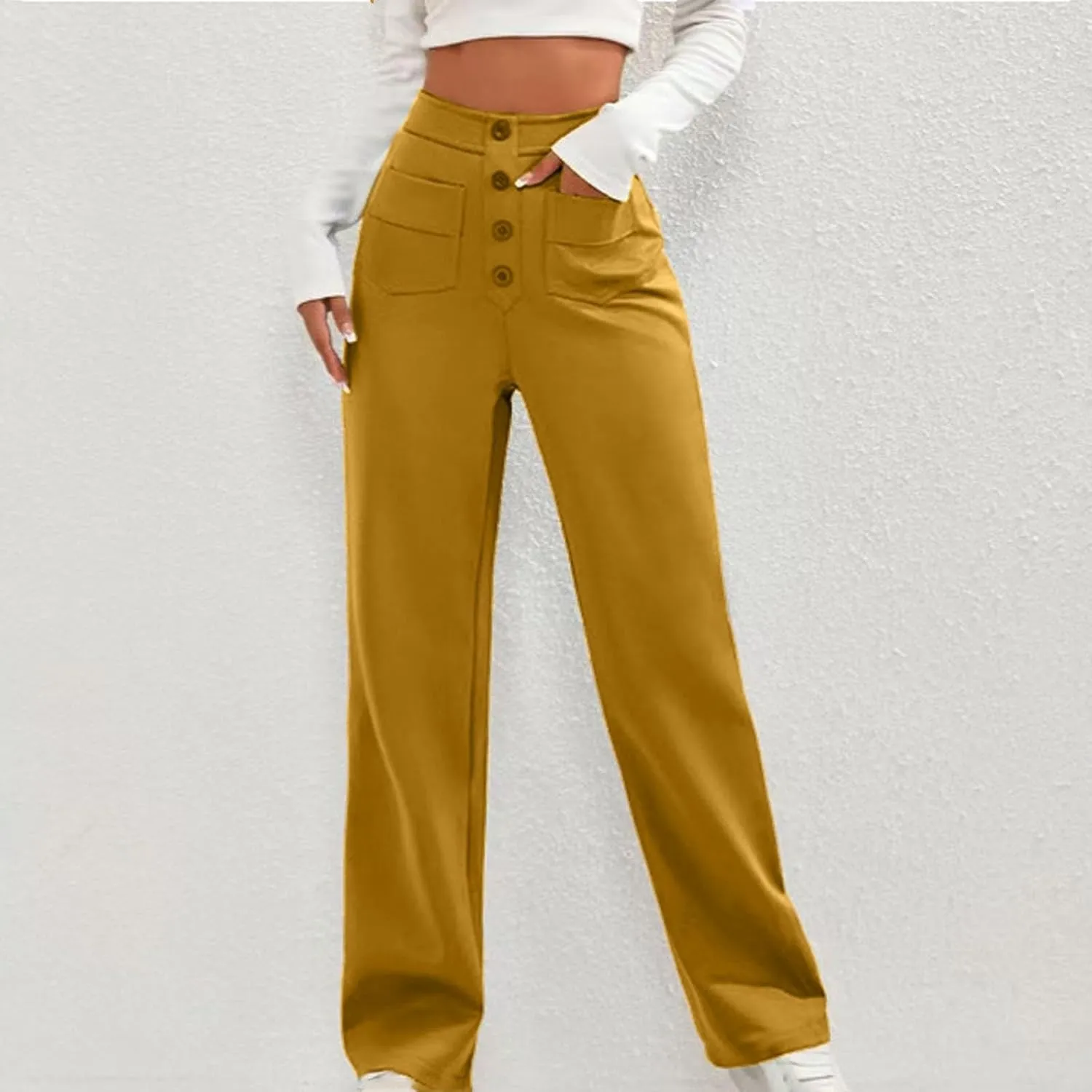 Womens High Waisted Button Pants Front Pocket Casual Loose Fit Outdoor Fashion Streetwear Straight Leg Causal Trouser