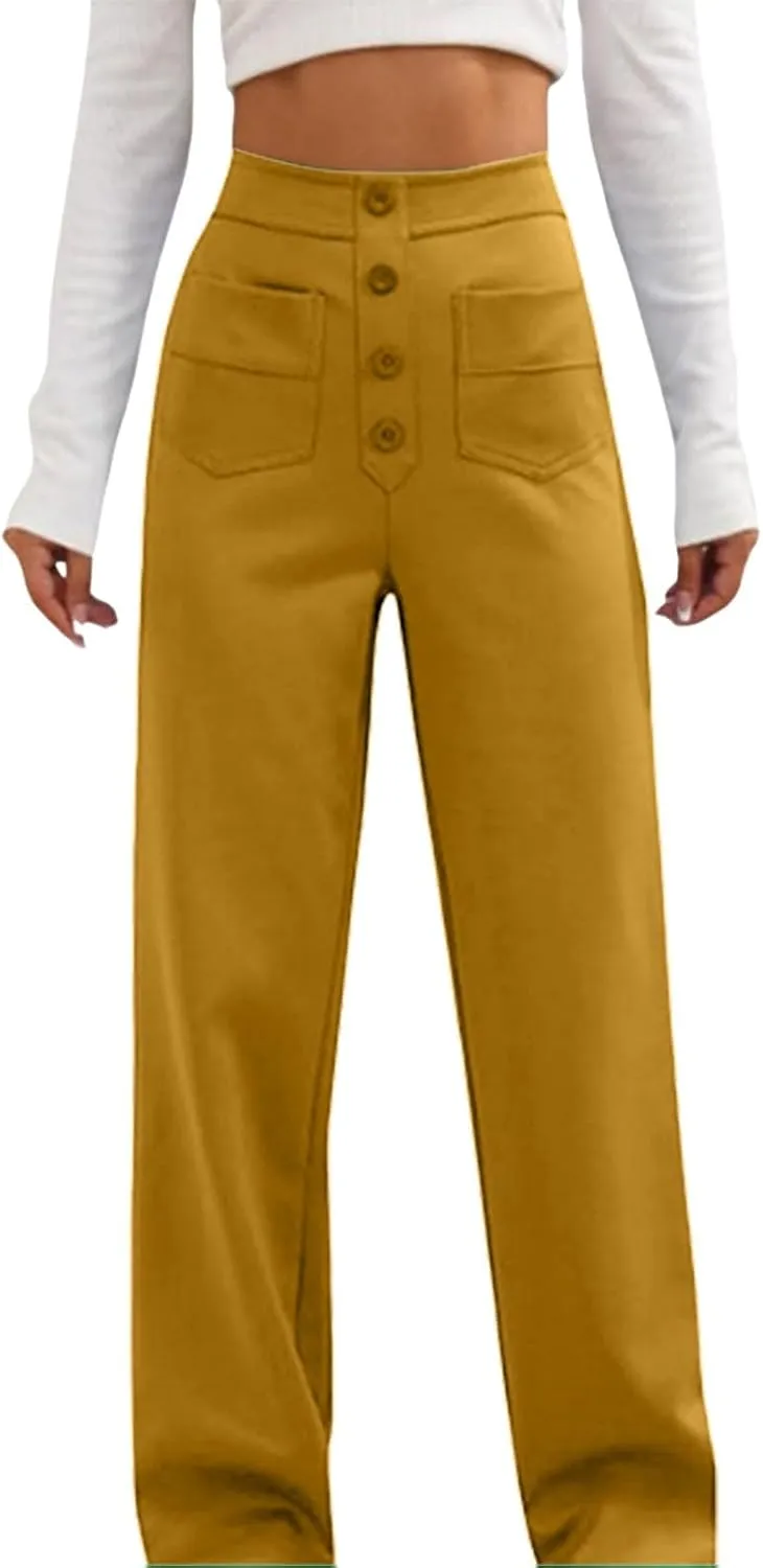 Womens High Waisted Button Pants Front Pocket Casual Loose Fit Outdoor Fashion Streetwear Straight Leg Causal Trouser