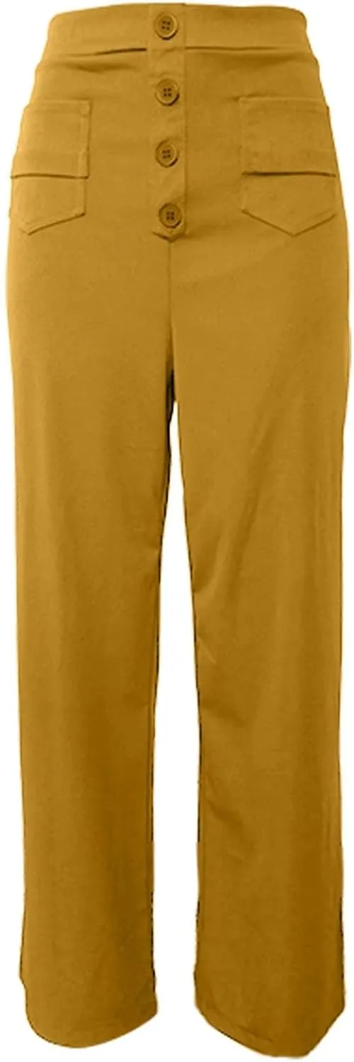 Womens High Waisted Button Pants Front Pocket Casual Loose Fit Outdoor Fashion Streetwear Straight Leg Causal Trouser