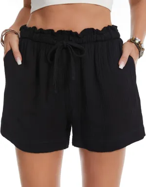 Women's High Waisted Gauze Cotton Shorts Breathable Drawstring Summer Beach Shorts with Pockets