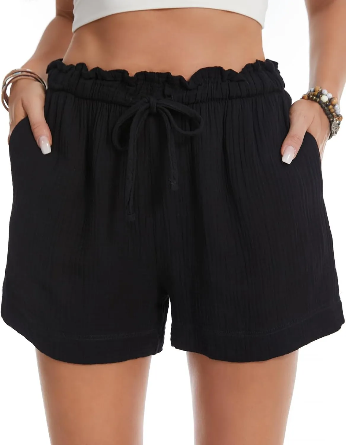 Women's High Waisted Gauze Cotton Shorts Breathable Drawstring Summer Beach Shorts with Pockets