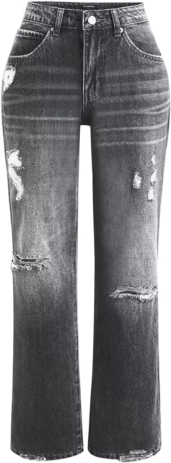 Women's High-Waisted Ripped Jeans Fashionable Distressed Gradient Casual Denim Pant Street Hip Hop Trendy Streetwears