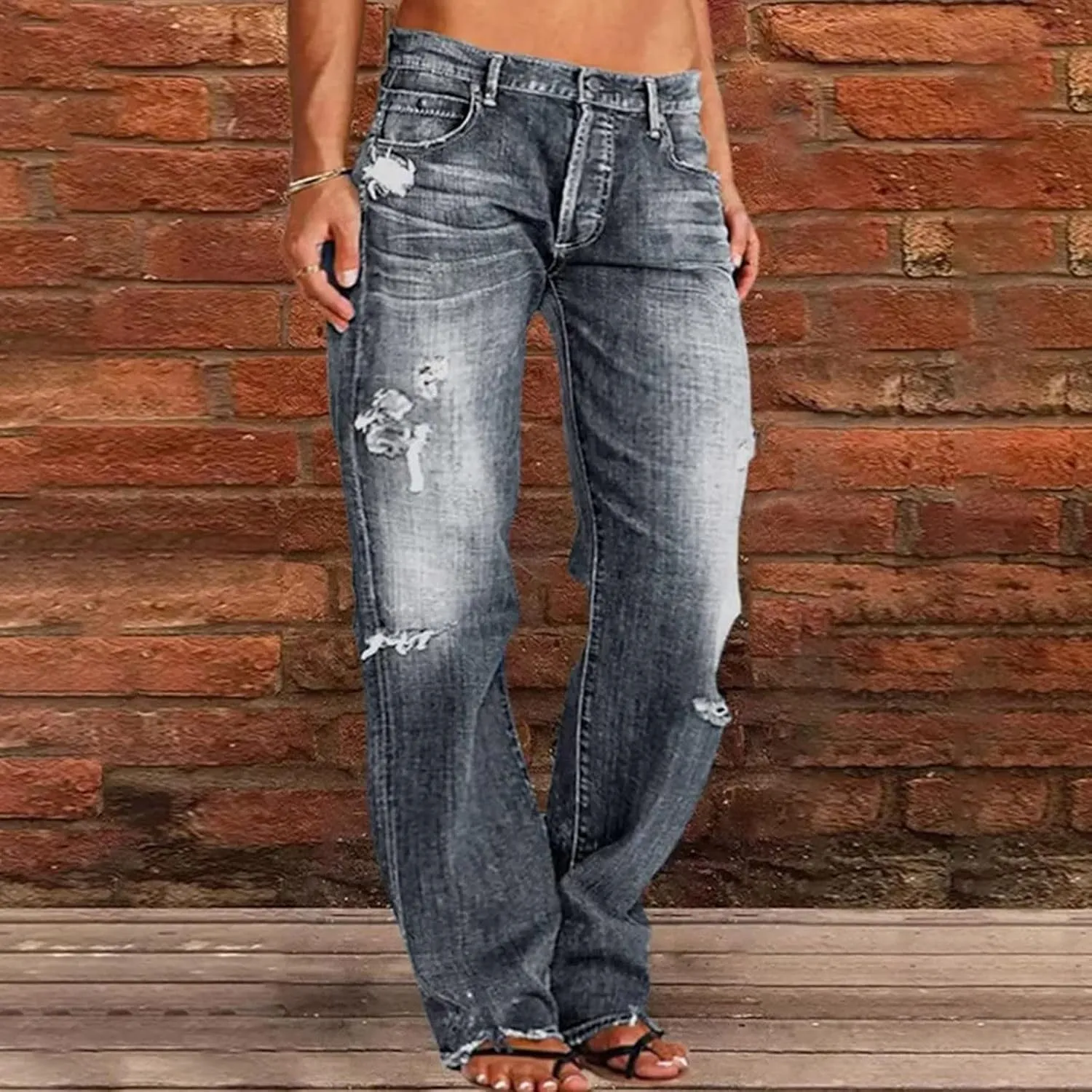 Women's High-Waisted Ripped Jeans Fashionable Distressed Gradient Casual Denim Pant Street Hip Hop Trendy Streetwears