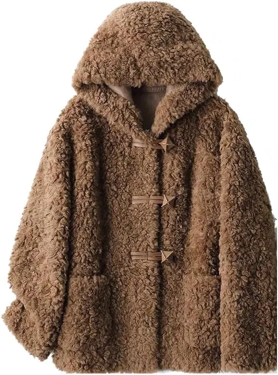 Womens Hooded Winter Wool Coat Long Sleeve Solid Fuzzy Teddy Fleece Cardigans Jacket Coats Outerwear with Pocket