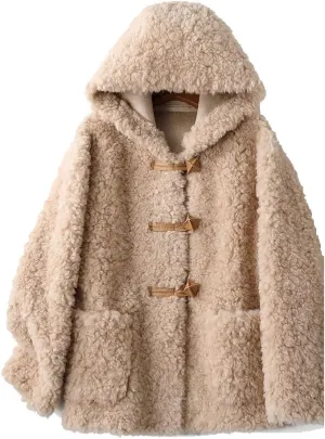 Womens Hooded Winter Wool Coat Long Sleeve Solid Fuzzy Teddy Fleece Cardigans Jacket Coats Outerwear with Pocket