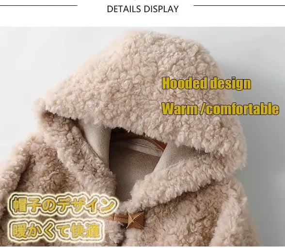 Womens Hooded Winter Wool Coat Long Sleeve Solid Fuzzy Teddy Fleece Cardigans Jacket Coats Outerwear with Pocket