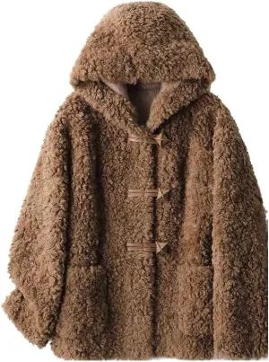 Womens Hooded Winter Wool Coat Long Sleeve Solid Fuzzy Teddy Fleece Cardigans Jacket Coats Outerwear with Pocket