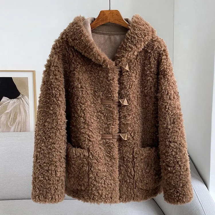 Womens Hooded Winter Wool Coat Long Sleeve Solid Fuzzy Teddy Fleece Cardigans Jacket Coats Outerwear with Pocket