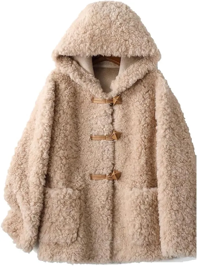 Womens Hooded Winter Wool Coat Long Sleeve Solid Fuzzy Teddy Fleece Cardigans Jacket Coats Outerwear with Pocket