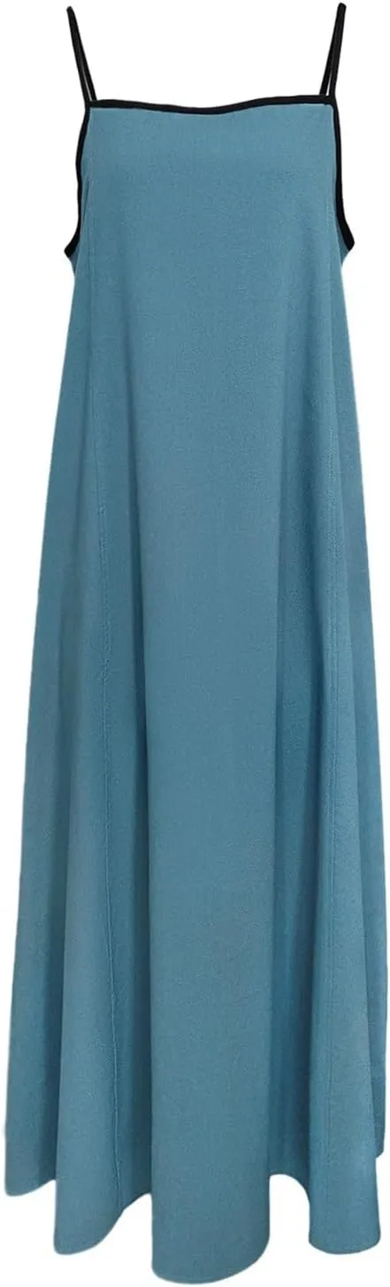 Womens Linen Maxi Dress Contrast Trim Spaghetti Straps Summer Outfits Travel Vacation Sleeveless Long Dresses