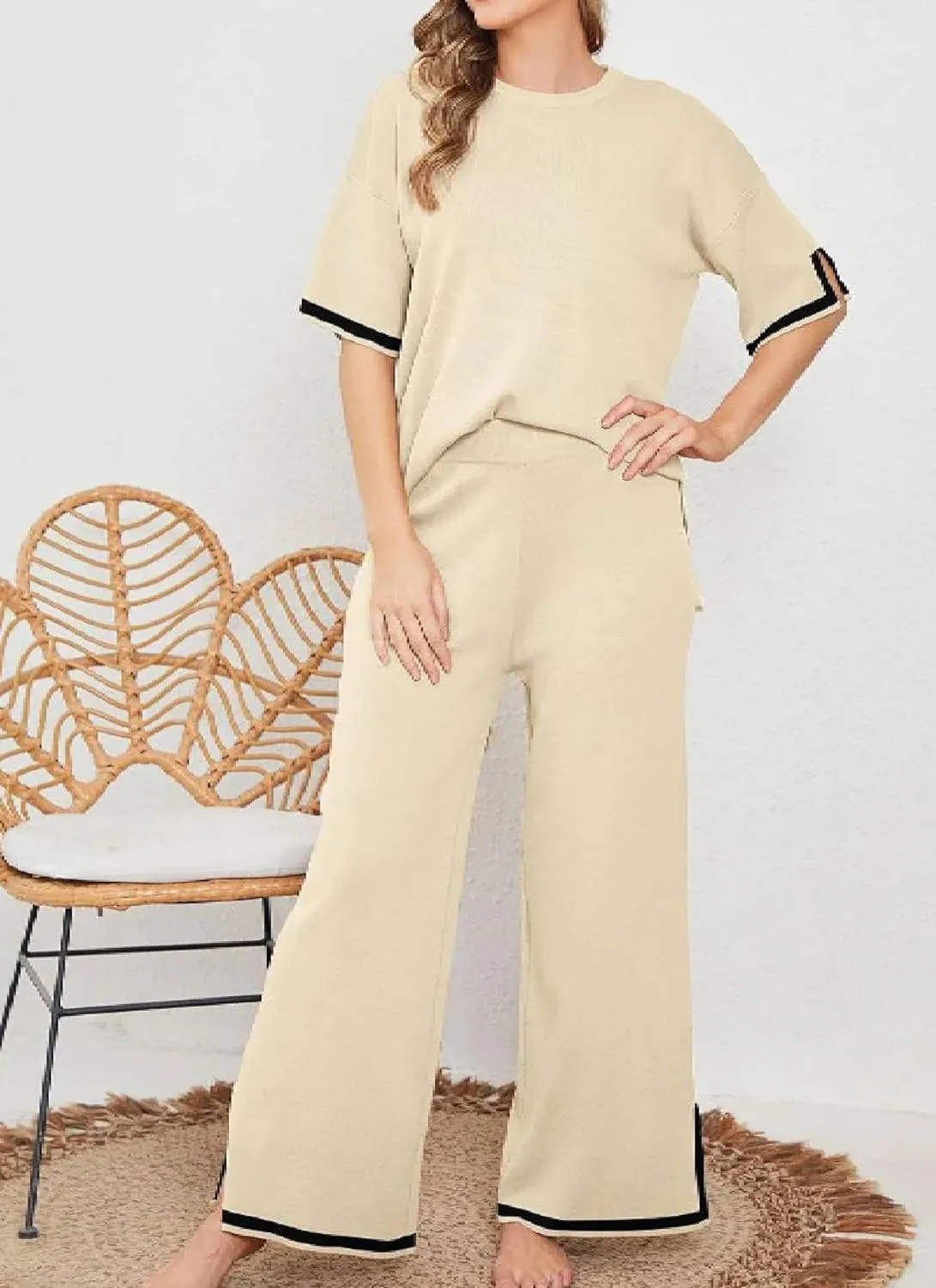 Womens Lounge Sets 2 Piece Short Sleeve Pullover Tops Wide Leg Pants 2025 Summer Outfits Knitwear with Contrast Trim