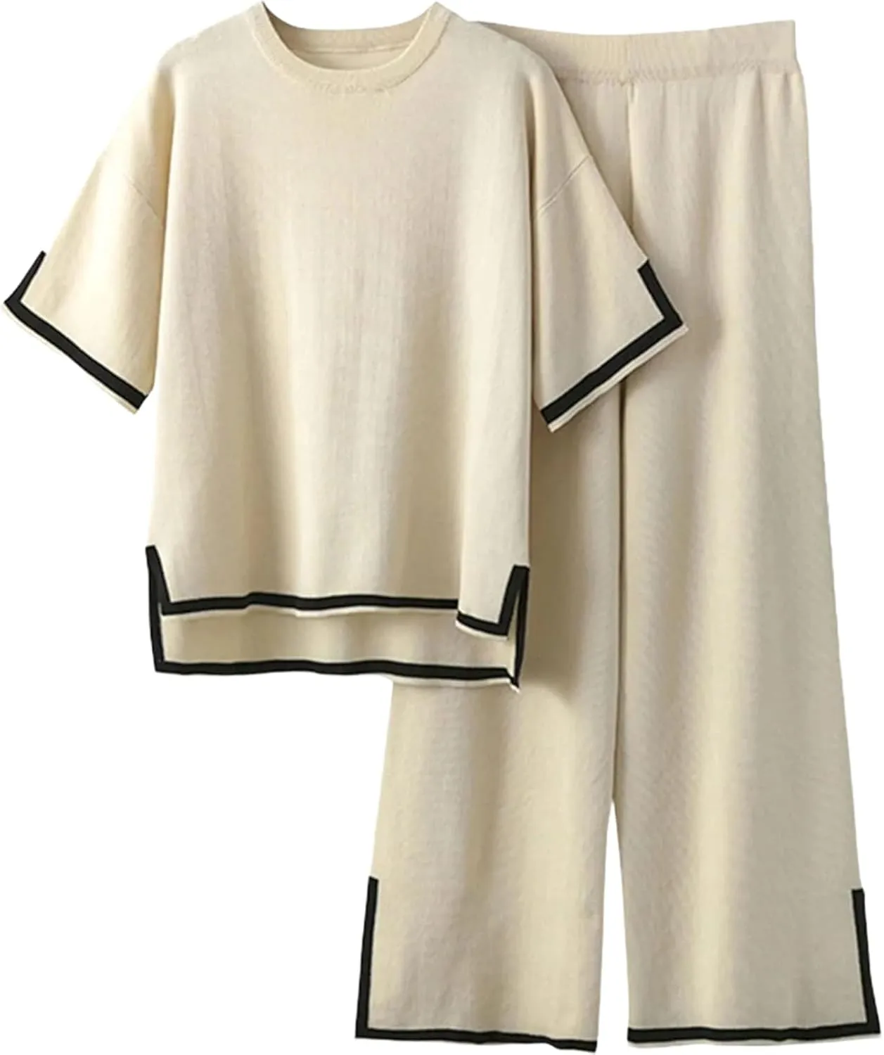 Womens Lounge Sets 2 Piece Short Sleeve Pullover Tops Wide Leg Pants 2025 Summer Outfits Knitwear with Contrast Trim