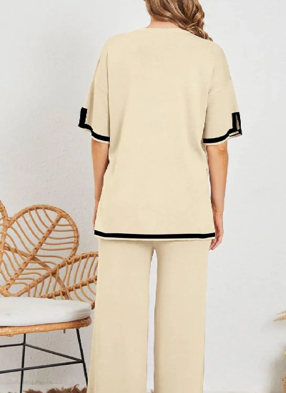 Womens Lounge Sets 2 Piece Short Sleeve Pullover Tops Wide Leg Pants 2025 Summer Outfits Knitwear with Contrast Trim