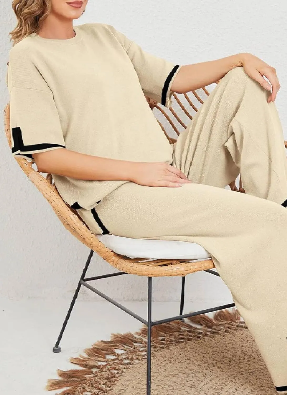 Womens Lounge Sets 2 Piece Short Sleeve Pullover Tops Wide Leg Pants 2025 Summer Outfits Knitwear with Contrast Trim