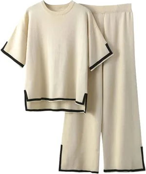 Womens Lounge Sets 2 Piece Short Sleeve Pullover Tops Wide Leg Pants 2025 Summer Outfits Knitwear with Contrast Trim