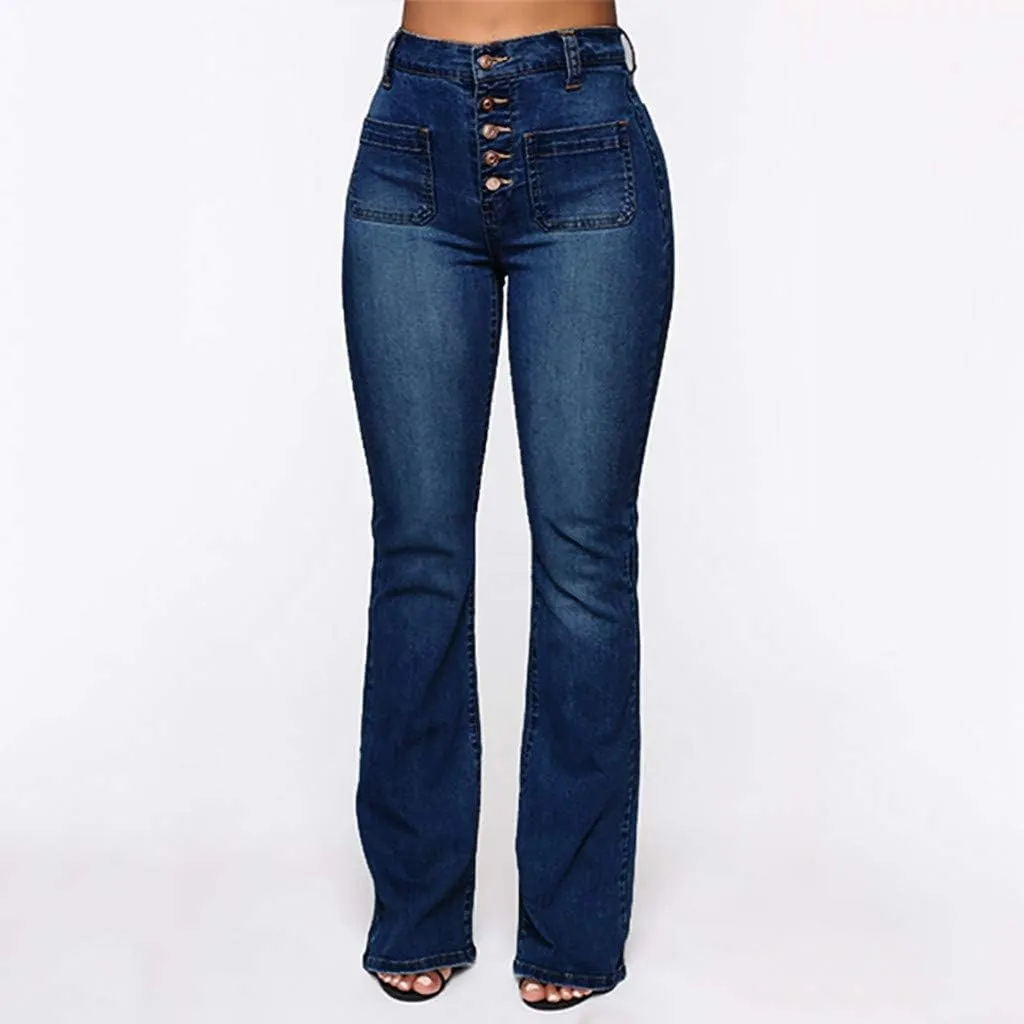 Womens Mid Waist Bell Jeans Trendy Straight Wide Leg Gradient Flare Denim Pants Front Button Slim Work Casual Trouser