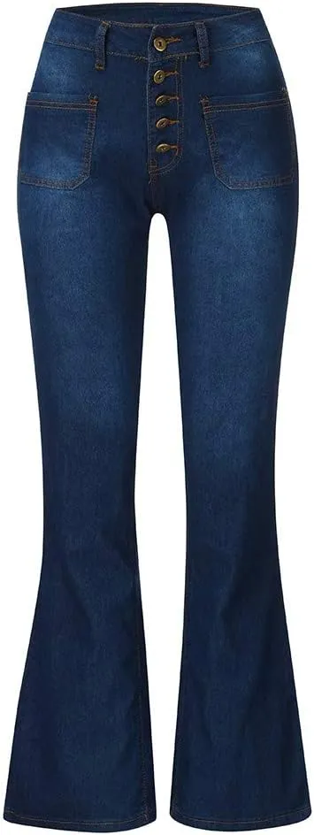 Womens Mid Waist Bell Jeans Trendy Straight Wide Leg Gradient Flare Denim Pants Front Button Slim Work Casual Trouser