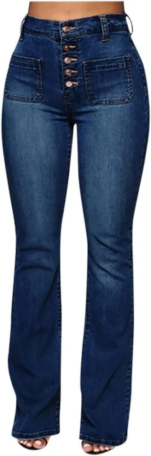 Womens Mid Waist Bell Jeans Trendy Straight Wide Leg Gradient Flare Denim Pants Front Button Slim Work Casual Trouser