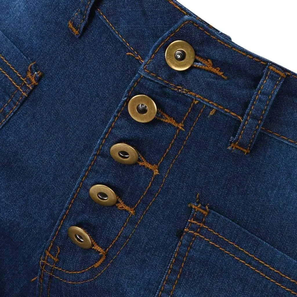Womens Mid Waist Bell Jeans Trendy Straight Wide Leg Gradient Flare Denim Pants Front Button Slim Work Casual Trouser