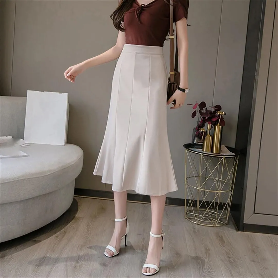 Women's Patchwork Fishtail Skirts Elegant High Waist Mid Length Solid Color Casual A-Line Skirts
