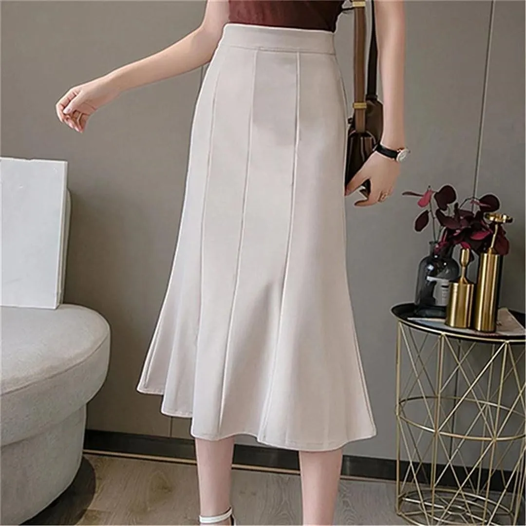 Women's Patchwork Fishtail Skirts Elegant High Waist Mid Length Solid Color Casual A-Line Skirts