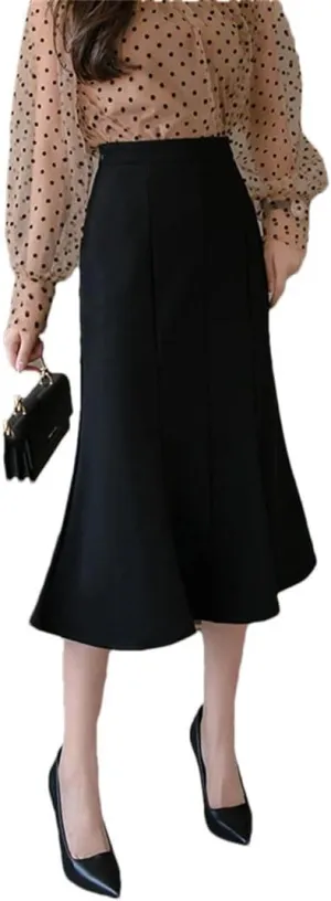 Women's Patchwork Fishtail Skirts Elegant High Waist Mid Length Solid Color Casual A-Line Skirts