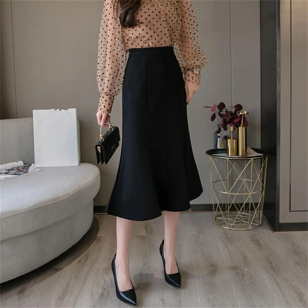 Women's Patchwork Fishtail Skirts Elegant High Waist Mid Length Solid Color Casual A-Line Skirts