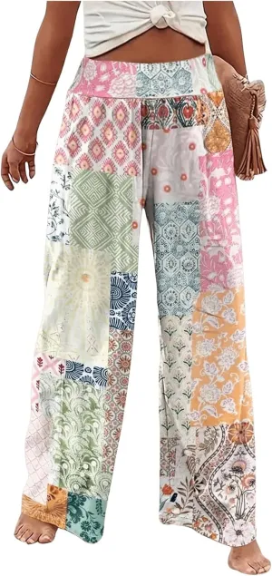 Women's Patchwork Graphic Pant Colorblock High Waisted Straight Leg Boho Pants