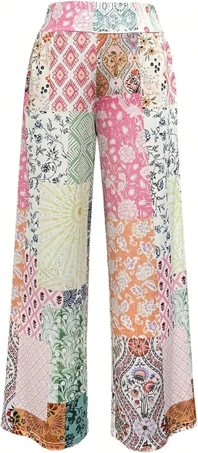 Women's Patchwork Graphic Pant Colorblock High Waisted Straight Leg Boho Pants