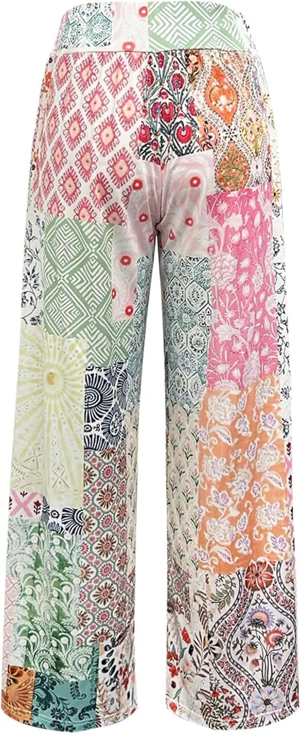 Women's Patchwork Graphic Pant Colorblock High Waisted Straight Leg Boho Pants