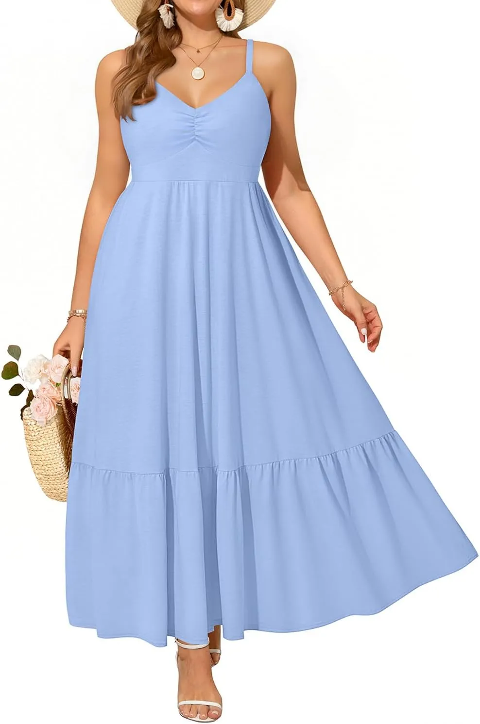 Women's Plus Size Summer Maxi Sun Dress Spaghetti Strap Ruched Bust Long Casual Sundress with Pockets