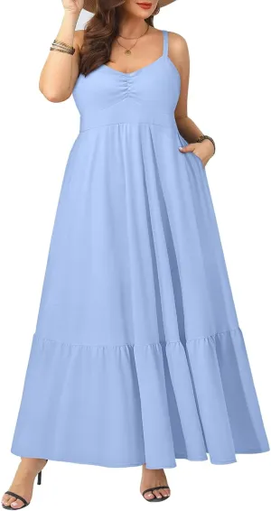Women's Plus Size Summer Maxi Sun Dress Spaghetti Strap Ruched Bust Long Casual Sundress with Pockets