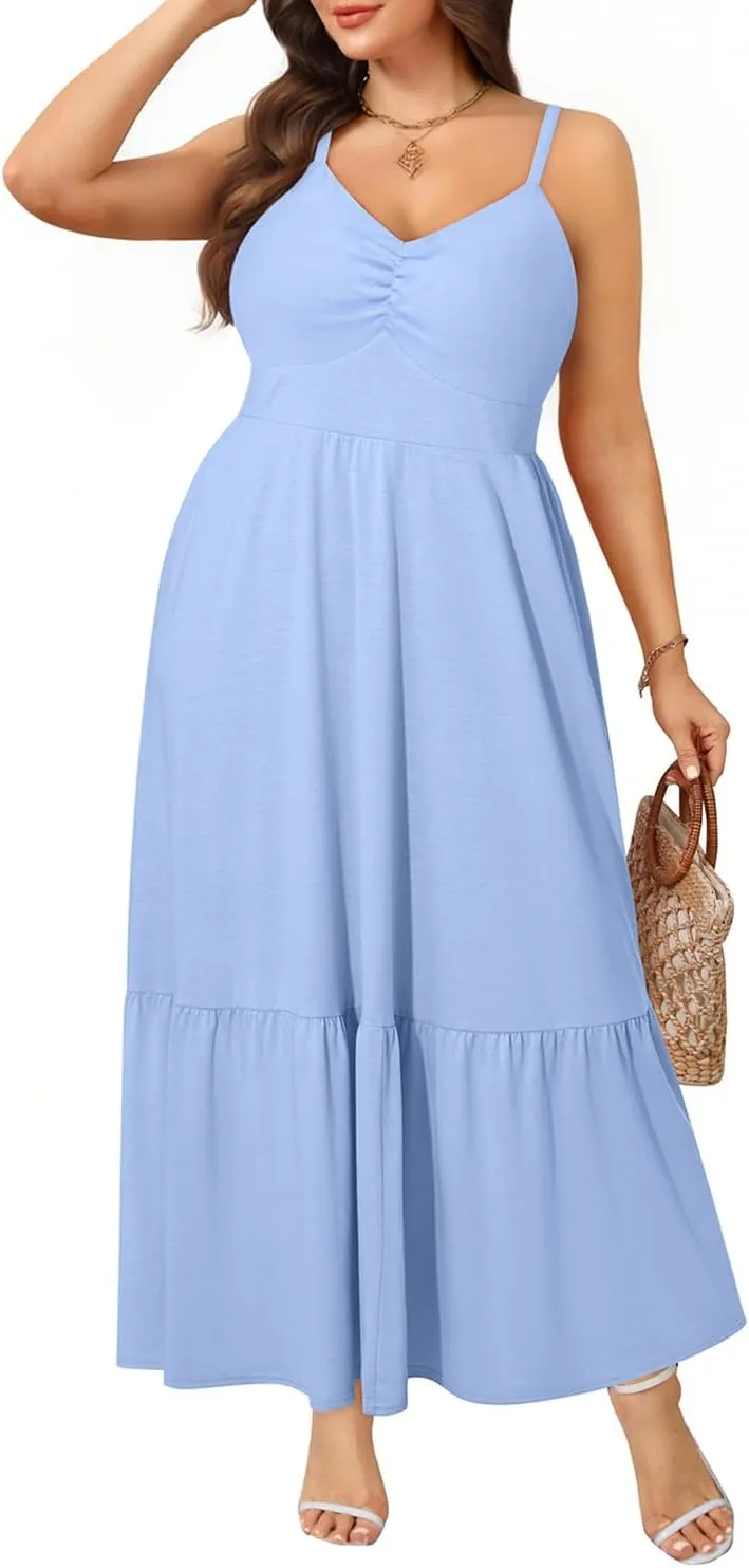 Women's Plus Size Summer Maxi Sun Dress Spaghetti Strap Ruched Bust Long Casual Sundress with Pockets