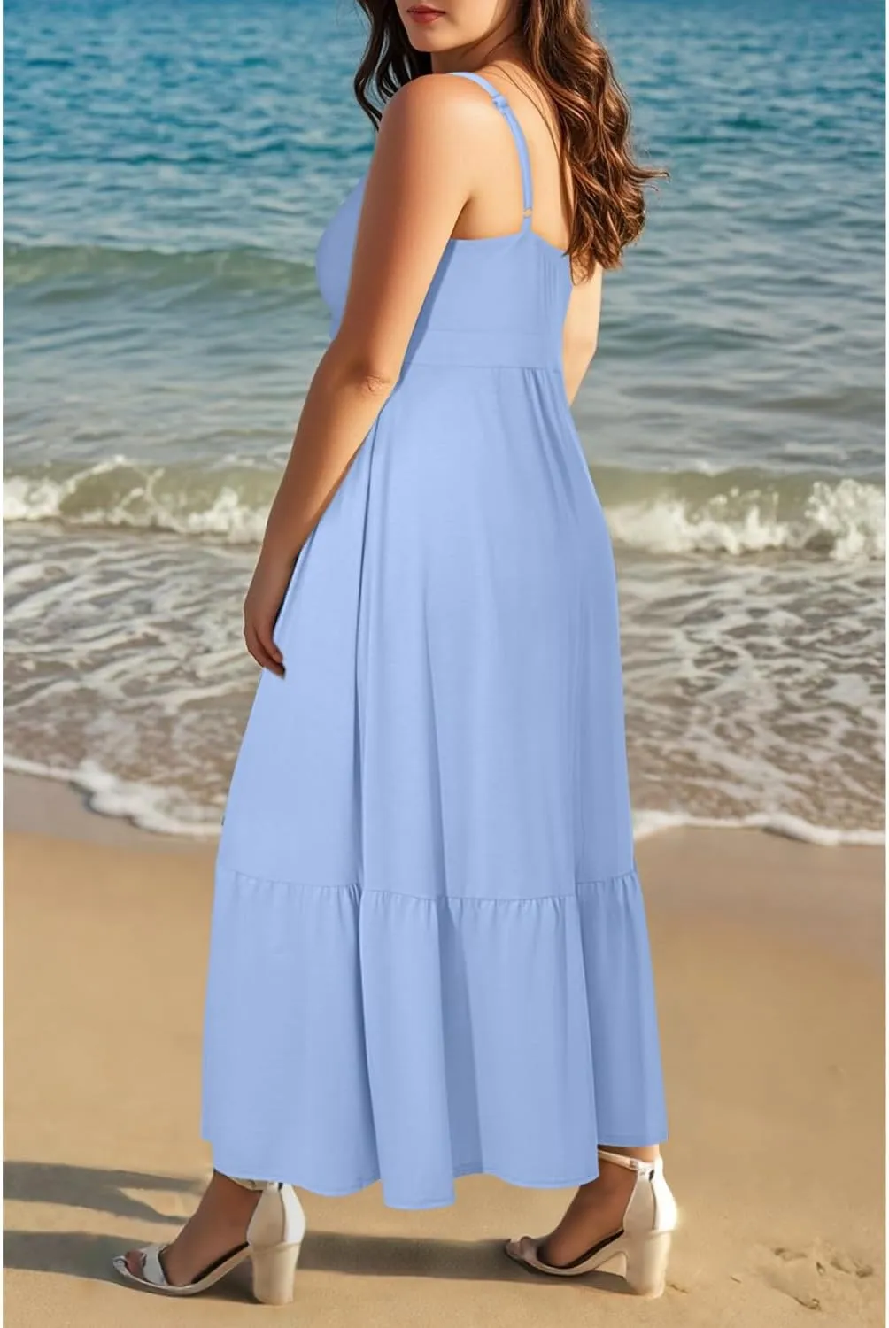 Women's Plus Size Summer Maxi Sun Dress Spaghetti Strap Ruched Bust Long Casual Sundress with Pockets