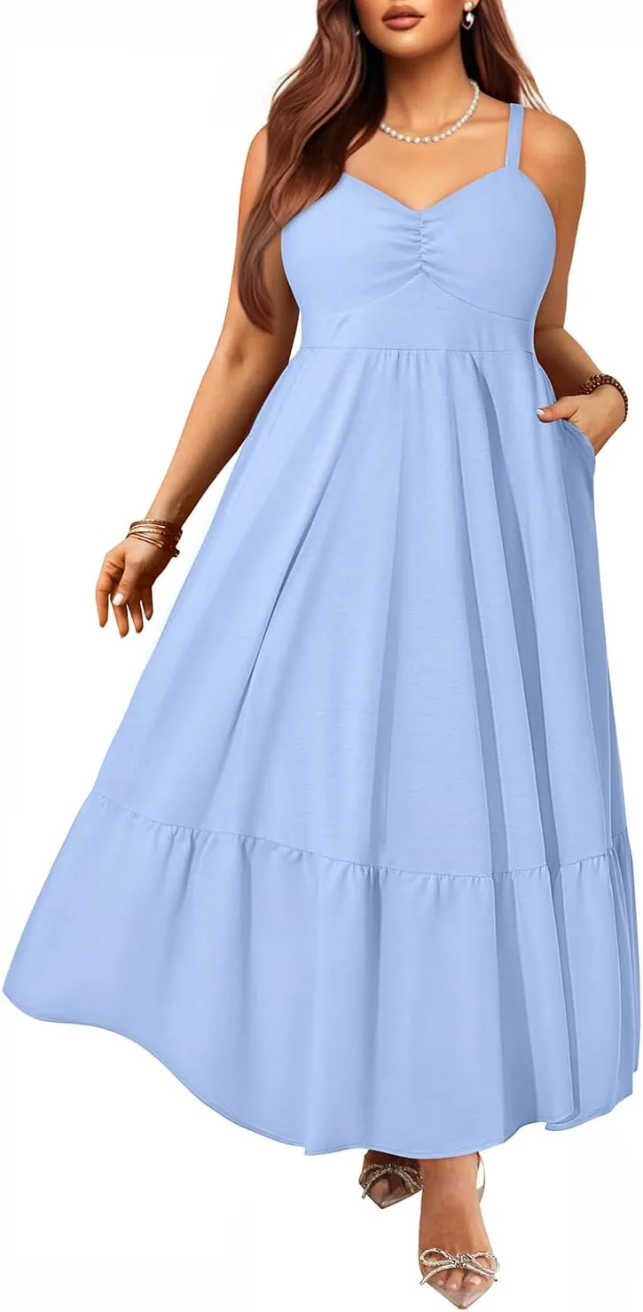 Women's Plus Size Summer Maxi Sun Dress Spaghetti Strap Ruched Bust Long Casual Sundress with Pockets