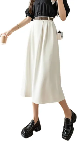 Women's Retro High Waist Solid Color Office Lady A-Line Mid Length Casual Skirts