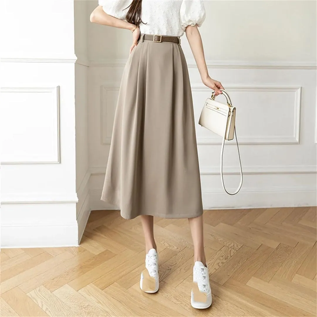 Women's Retro High Waist Solid Color Office Lady A-Line Mid Length Casual Skirts