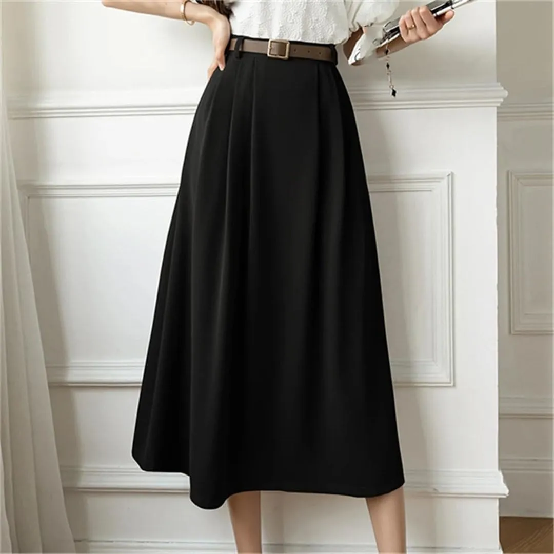 Women's Retro High Waist Solid Color Office Lady A-Line Mid Length Casual Skirts