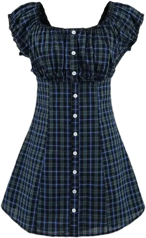 Women's Retro Lotus Leaf Edge Plaid Flying Sleeve A-Line Mini Dress Beach Party Dresses