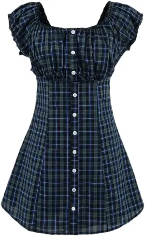 Women's Retro Lotus Leaf Edge Plaid Flying Sleeve A-Line Mini Dress Beach Party Dresses