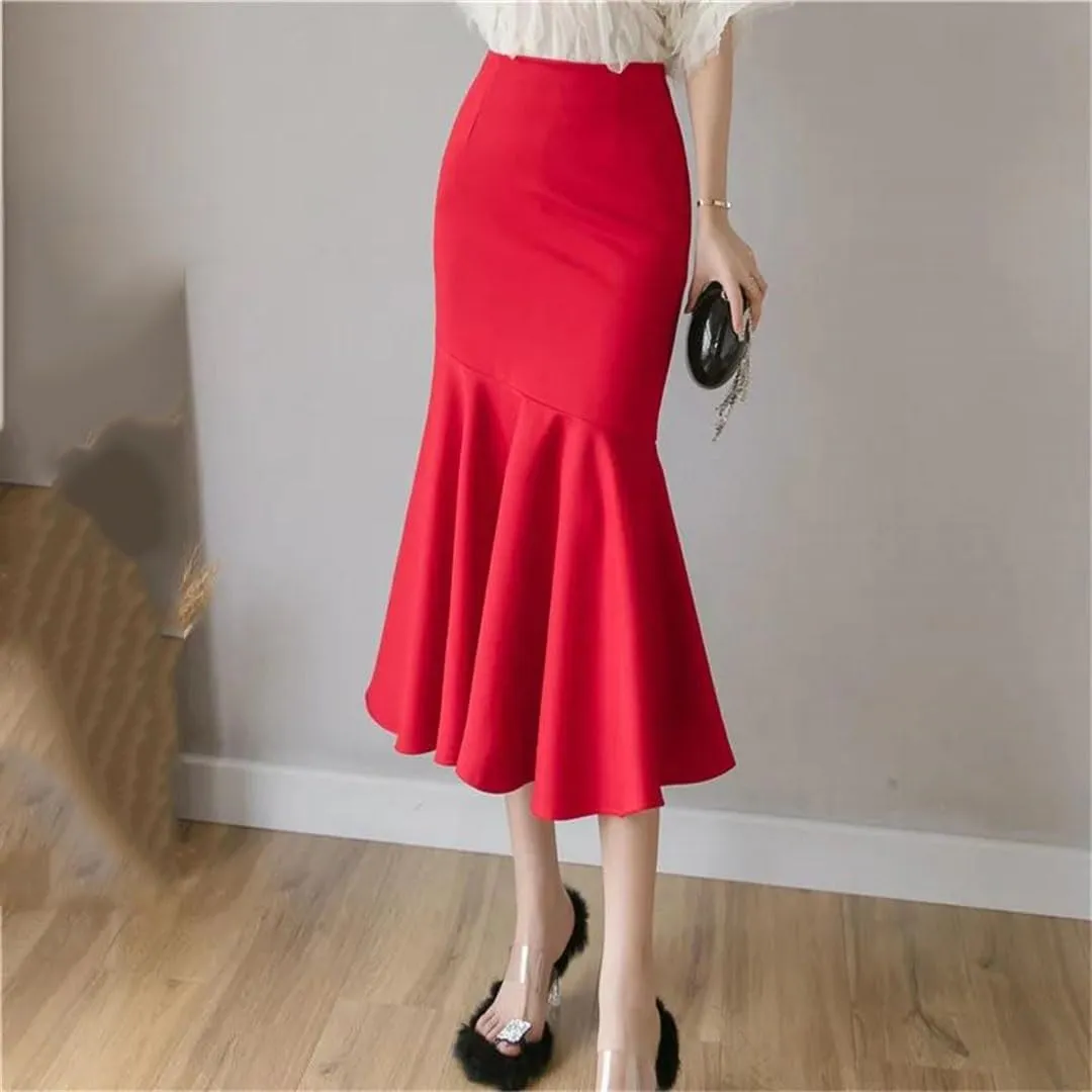 Women's Ruffles Solid Color Skirts Spring Summer Elegant High Waist Style Pencil Midi Skirts