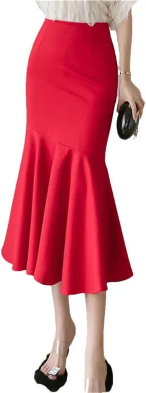 Women's Ruffles Solid Color Skirts Spring Summer Elegant High Waist Style Pencil Midi Skirts