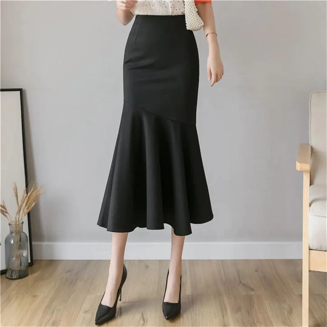 Women's Ruffles Solid Color Skirts Spring Summer Elegant High Waist Style Pencil Midi Skirts