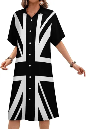 Women's Short Sleeve Collared Simple Button Down Shirt Dress 2025 Summer British Flag Long Dresses