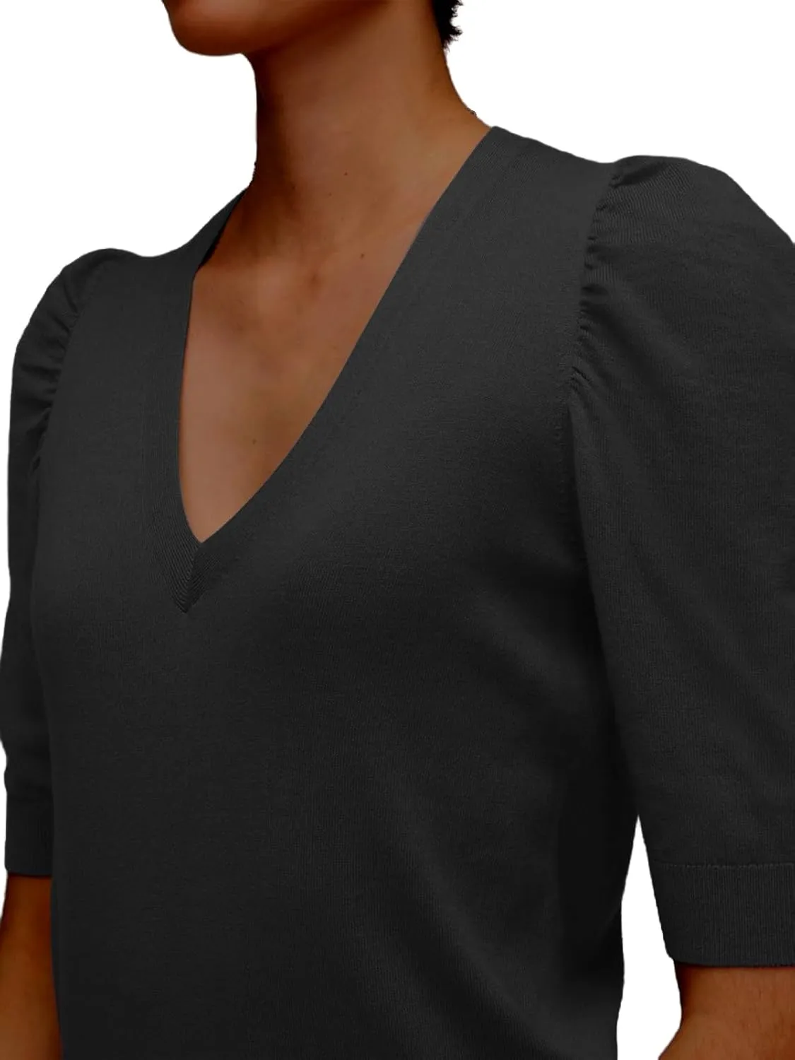 Women's Spring V Neck Puff Sleeve Sweater Pullovers Lightweight Work Ofiice Knitted Tunic Tops