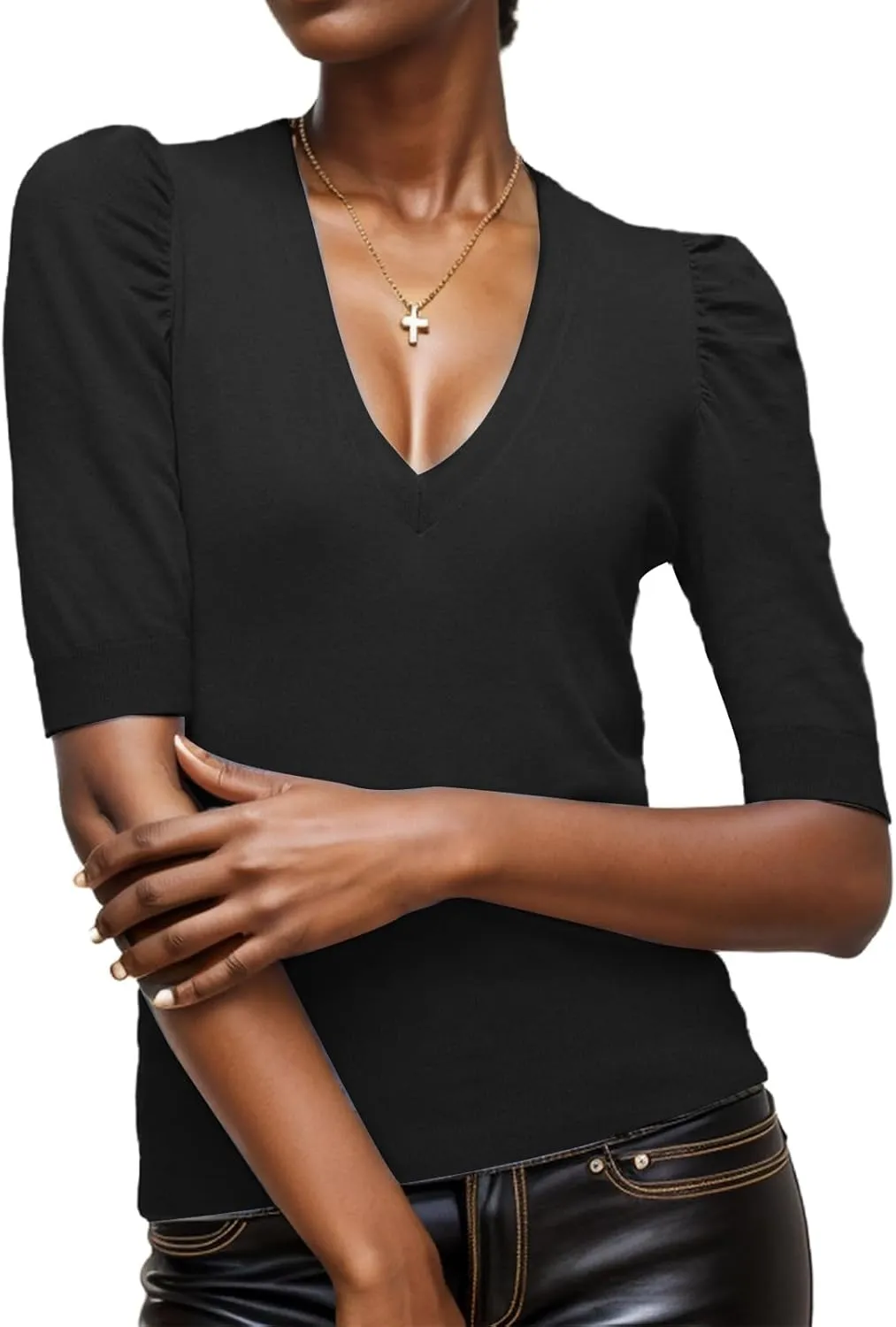 Women's Spring V Neck Puff Sleeve Sweater Pullovers Lightweight Work Ofiice Knitted Tunic Tops