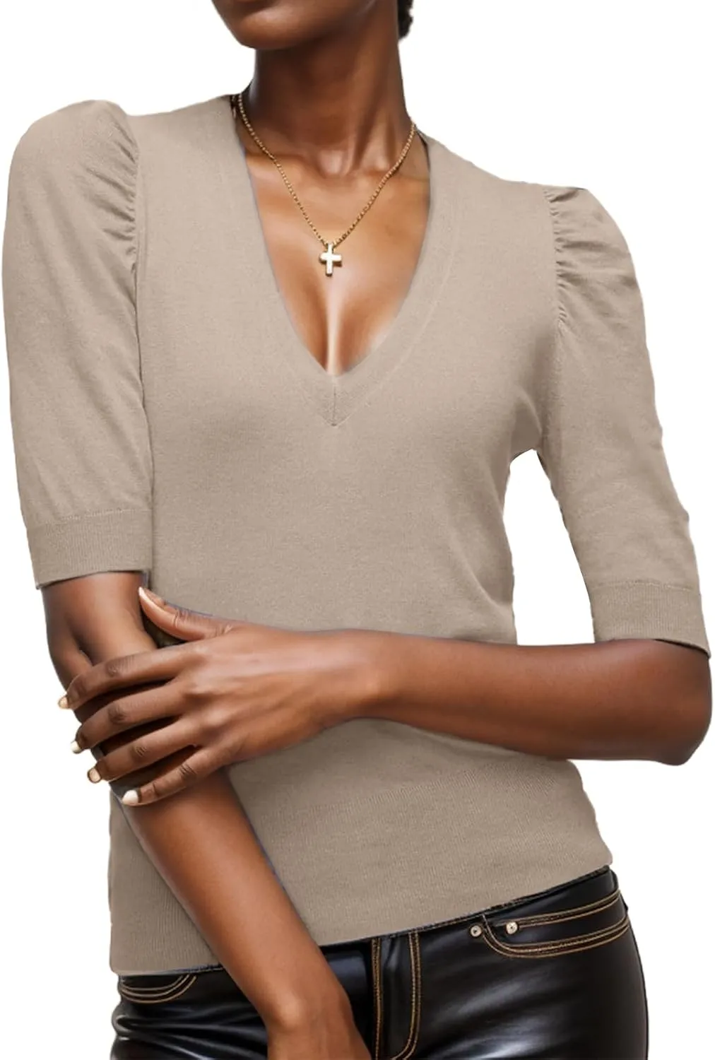 Women's Spring V Neck Puff Sleeve Sweater Pullovers Lightweight Work Ofiice Knitted Tunic Tops