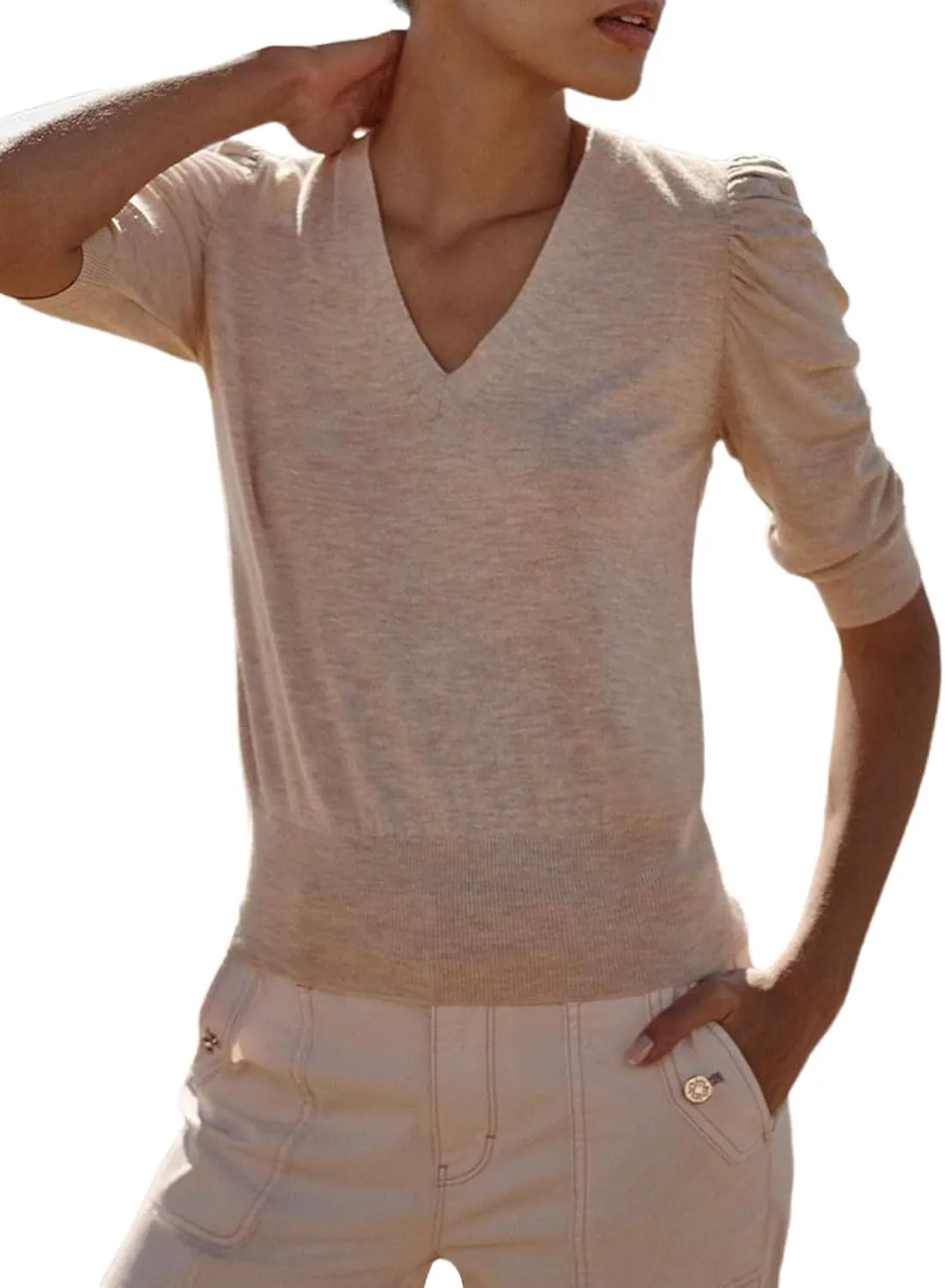 Women's Spring V Neck Puff Sleeve Sweater Pullovers Lightweight Work Ofiice Knitted Tunic Tops